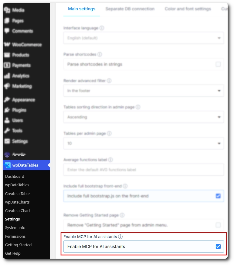 Enable MCP for AI assistants checkbox in the wpDataTables main settings