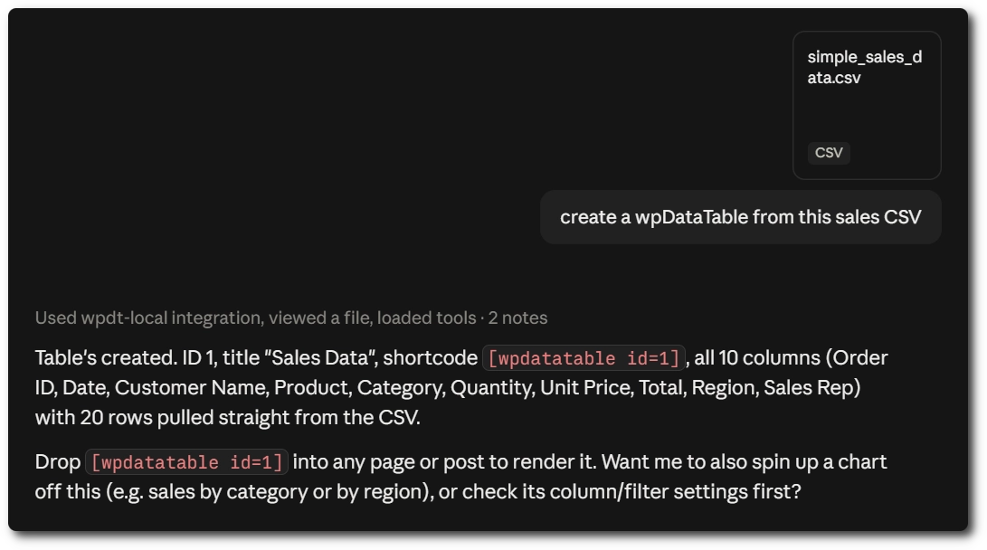 AI assistant returning a new wpDataTable ID and shortcode after creating a table