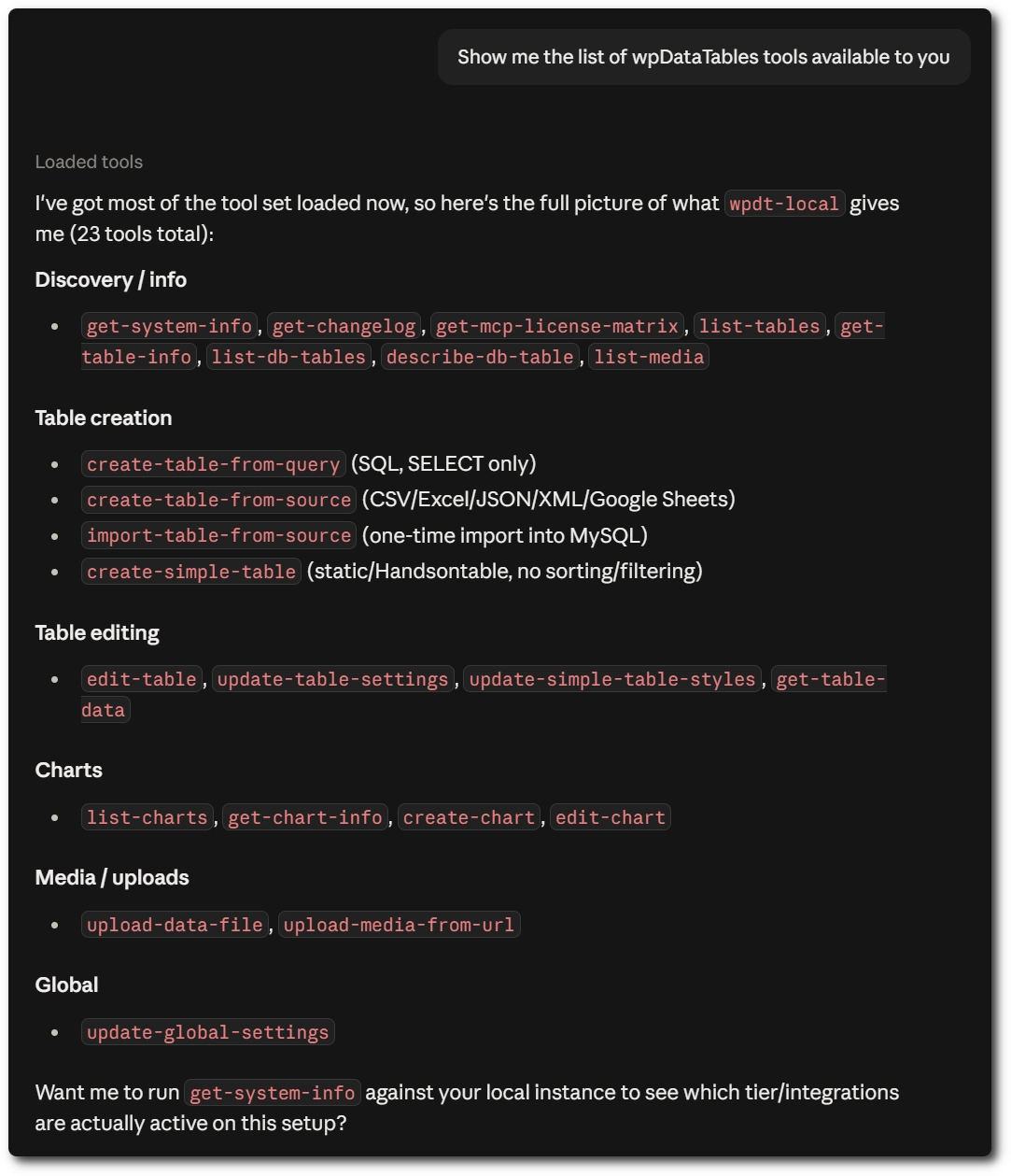 MCP client showing the list of wpDataTables tools available to the assistant